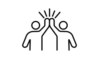 Teamwork and support, outline icon two people give high-five or people together holding hands with their hands raised up.