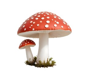 Obraz premium A group of red and white mushrooms with spotted caps, growing on the forest floor