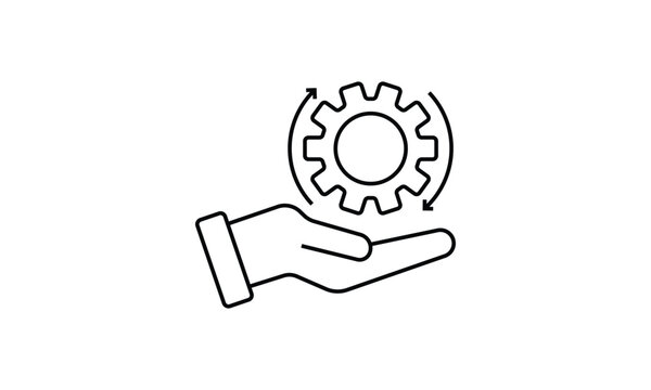 Easy operation process icon, engineering, Line sign human hand holding a gear.