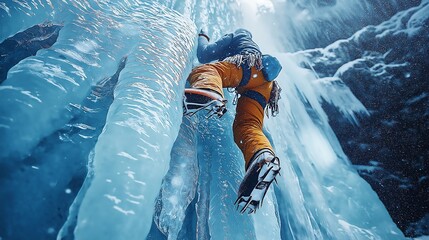 A climber scaling an icy cliff, shot from below to emphasize the towering height of the frozen waterfall, bright gear with crampons and ice axes