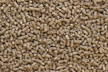 Wood pellet cat litter as background, closeup. Pressed wood, large granules. Pellets. A pile of wood granules. Texture. Wood filler for cat toilet, top view. Hygienic filler for pets