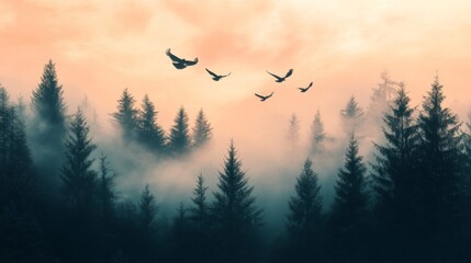 Obraz premium Birds Soaring Above a Misty Pine Forest