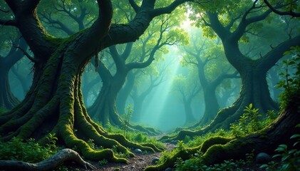 Mysterious forest with twisted tree trunks and gnarled branches covered in moss and vines, , eerie ambiance, woodland