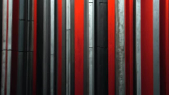 Video footage of Vertical metal pipes in alternating colors of red, black, and silver create a striking and visually appealing industrial pattern