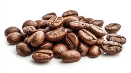 Fototapeta premium Brown Coffee Beans Piled on White Background for Gourmet Beverage