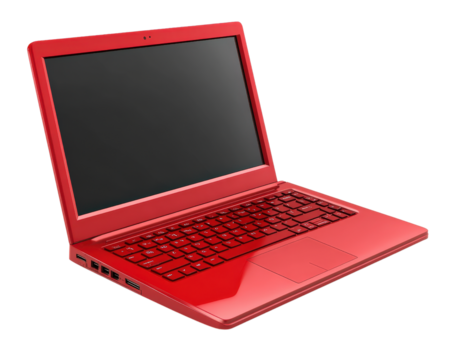 vibrant red laptop with sleek design, featuring full keyboard and multiple ports, perfect for modern computing needs