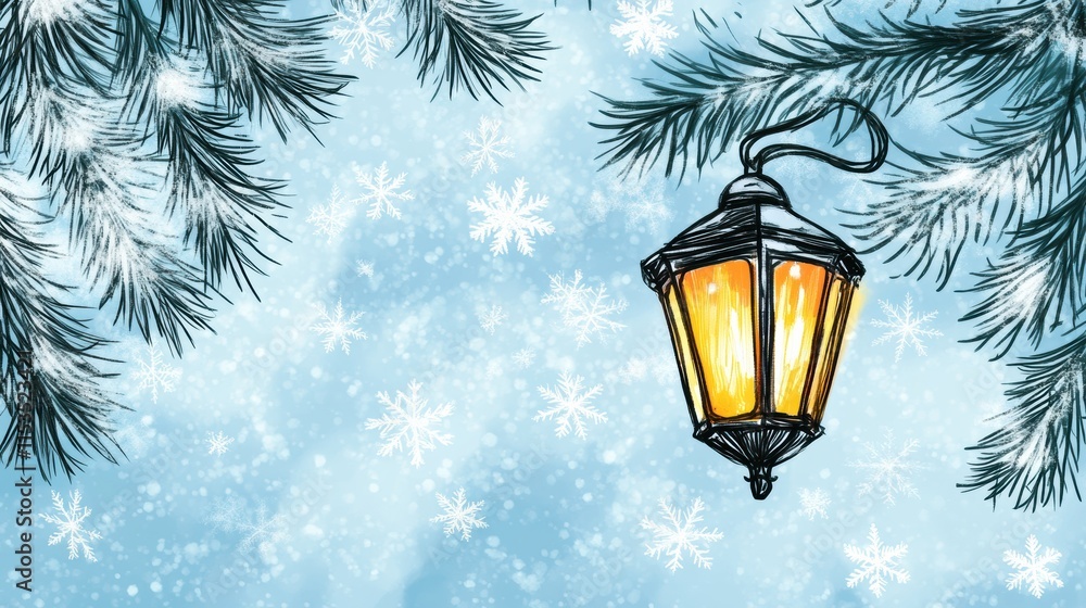 Aufkleber winter doodle featuring a glowing street lantern surrounded by snowflakes and pine branches in a tra