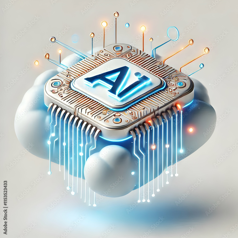Aufkleber 3d floating ai chip glowing data streams vector technology growth expertise icon white background