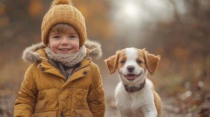 Fototapeta premium Child and puppy enjoying an autumn walk
