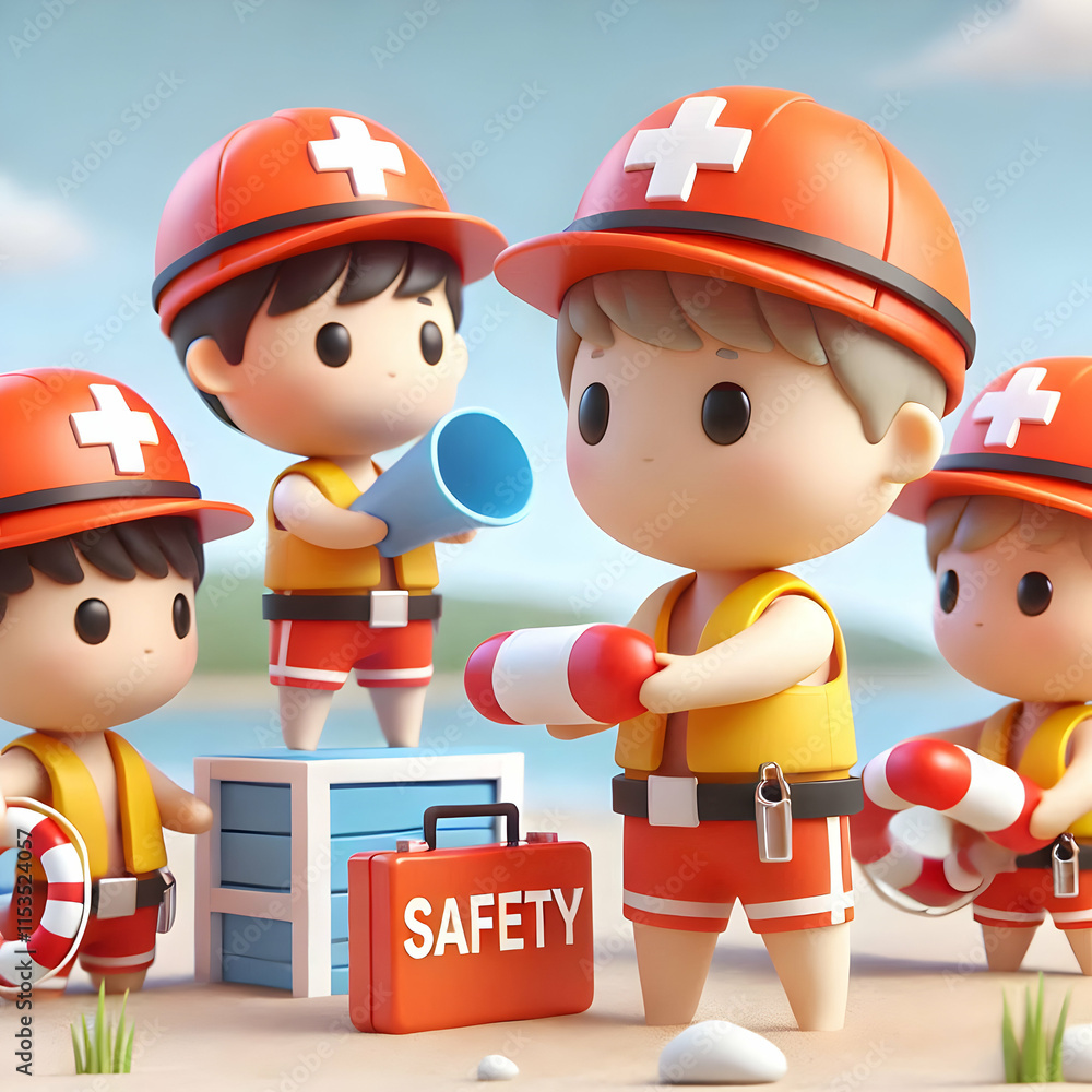 Poster 3d children acting as lifeguards conducting safety drills on a beach with a macro close up and copy 