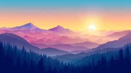 Obraz premium A colorful illustration of a mountain range at sunrise.
