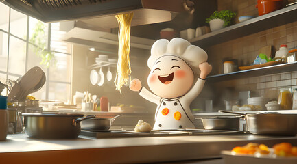 A cheerful animated chef happily prepares noodles in a bright kitchen, showcasing a lively and joyful cooking atmosphere.