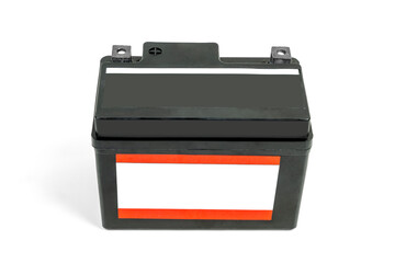 Black motorcycle battery on white background