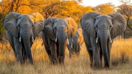 Three African Elephants Walking Through Golden Grassland