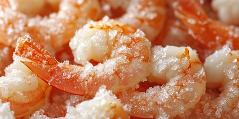 Close up of frozen shrimps, showcasing dry freeze food with minimal water content. These seafood delicacies highlight the quality of frozen shrimps in a delectable, selective focus presentation.