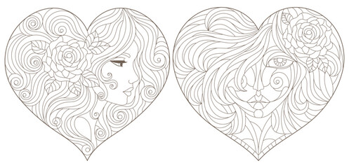 A set of stained glass illustrations with portraits of girls, dark outlines on a white background