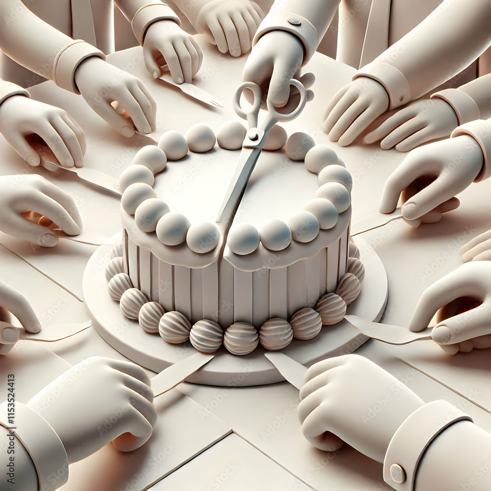 Aufkleber 3d soft abstract close-up of hands cutting cake in office for teamwork recognition and business succ