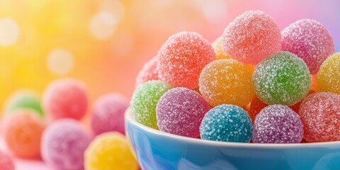 Vibrant multicoloured sugar coated candies are displayed in a bowl against a colorful background, creating a delightful scene filled with inviting multicoloured treats and ample copy space.