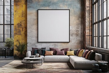 Industrial Loft Living Room Design with Blank Poster Frame