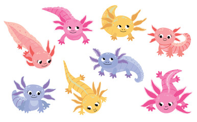 Set of cute stylized axolotls. White background, isolate
