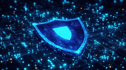 Futuristic Digital Shield Icon Representing Cybersecurity Protection in a High-Tech Environment Filled with Glowing Connections and Data Points