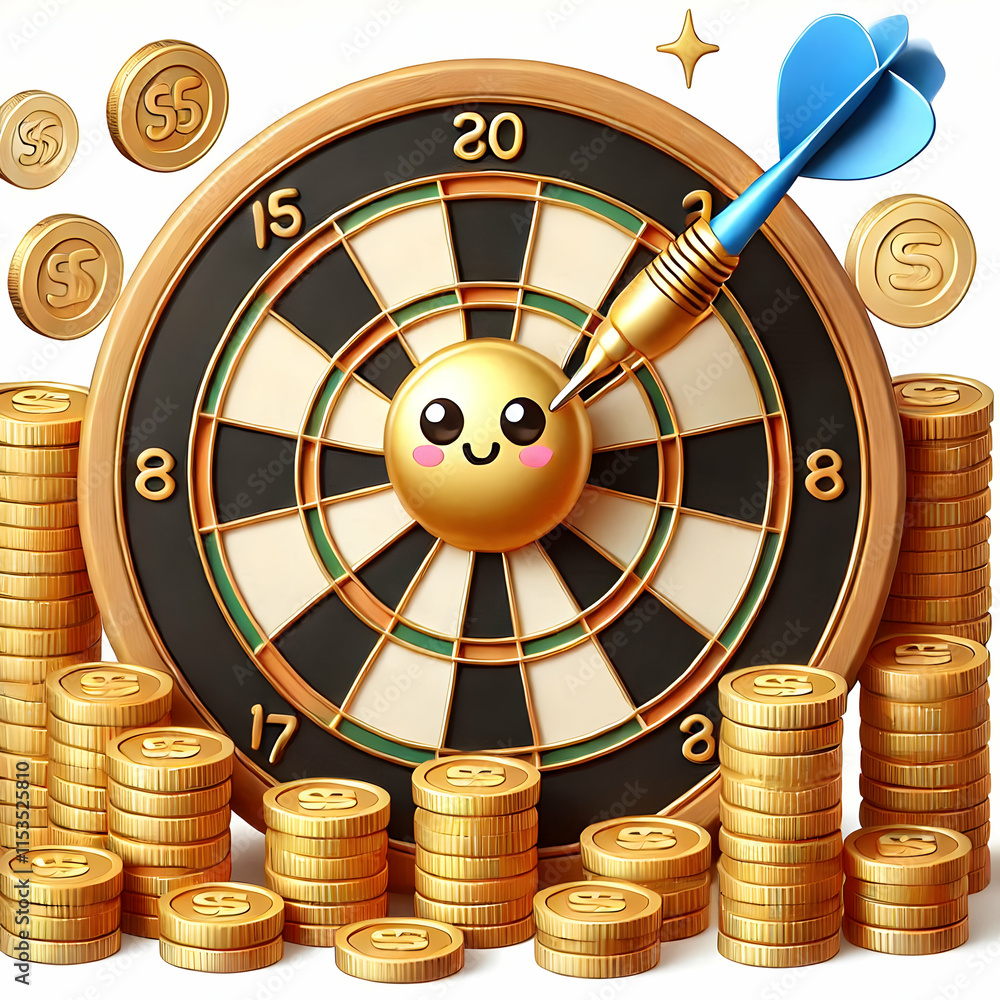 Poster 3d dartboard vector illustration with golden coins as dart points isolated on white background