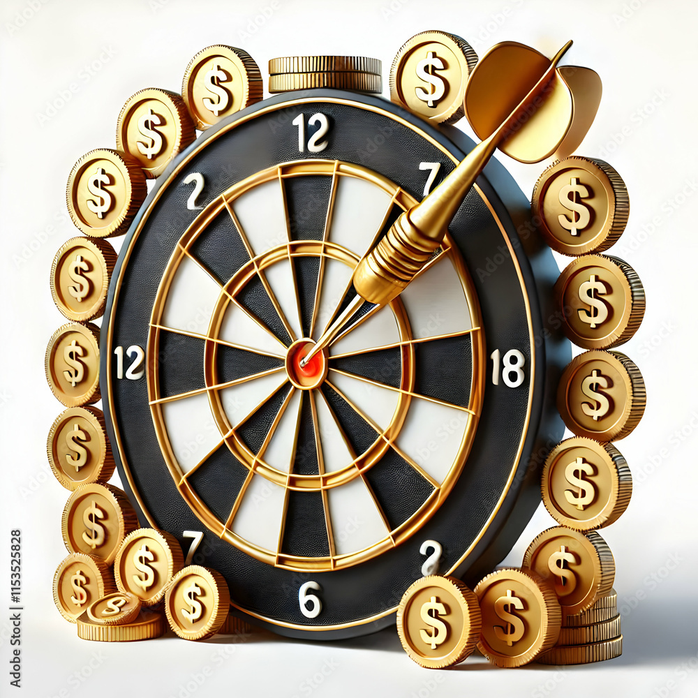 Poster 3d dartboard with coins as dart points concept as vector illustration of a dartboard with golden coi