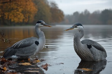 Ducks and herons feeding in flooded meadows during a foggy autumn morning