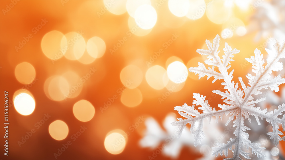 Poster close-up of a frosted snowflake with a glowing orange and yellow bokeh background, symbolizing winte