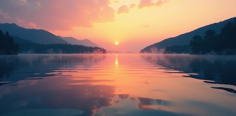 A serene lake at dawn with gentle ripples on its surface, calm, serenity, serene