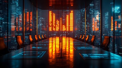 Fototapeta premium Vibrant business meeting with glowing analytics on monitors and polished tables, dynamic visuals, 3D render