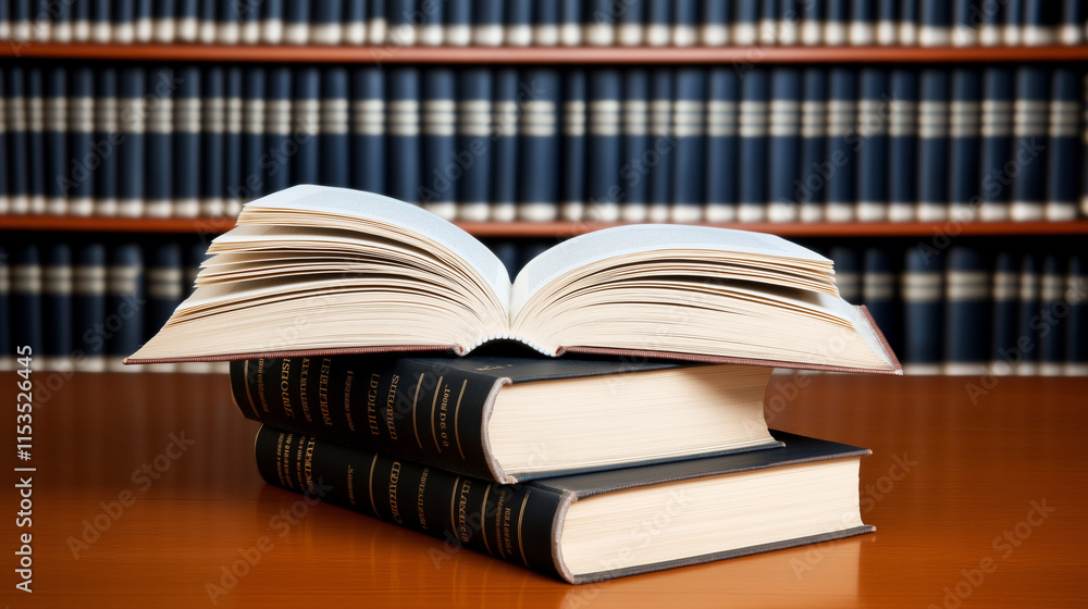 Poster open book resting on a stack of books in a library with rows of blue book spines in the background.