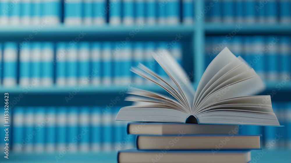 Poster open book resting on a stack of books in a library with rows of blue book spines in the background.