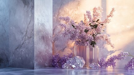 Amethyst diamonds in a radiant purple hue, artfully arranged against a polished backdrop. The 3D rendering lends a captivating depth, casting a soft and ethereal glow. 