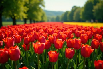 A bed of red tulips stretching across the foreground, countryside, greenery