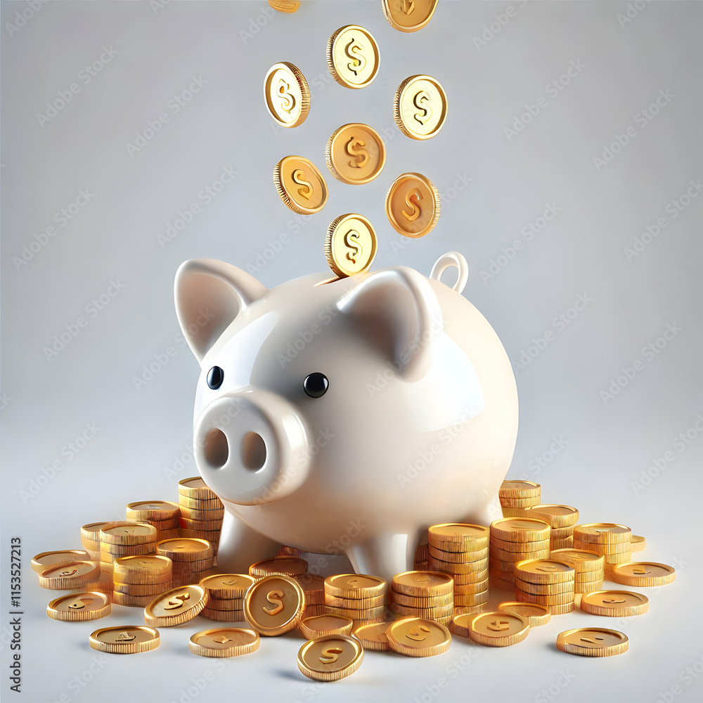 Poster 3d piggy bank with falling coins concept as close up shot of a transparent piggy bank with golden co