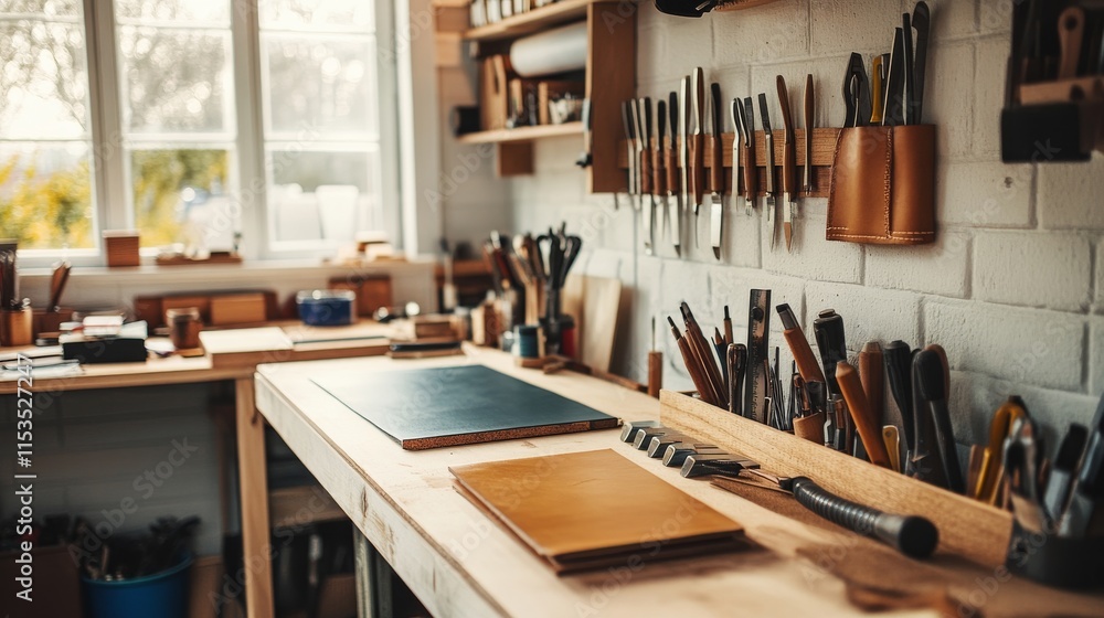 Poster a tidy leather crafting workspace with tools and leather neatly arranged, a well-lit room with clean