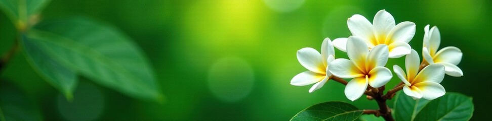 Naklejka premium White plumeria flowers blooming in clusters against a lush green background with yellow highlights and delicate petals, tropical flowers, leaves, floral arrangement