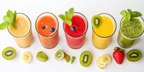Fresh juice made with banana, strawberry, and kiwi is beautifully presented in glasses, showcasing vibrant colors and delicious flavors, perfect for a refreshing drink on a white background.