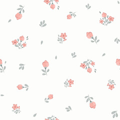 Vector illustration. Seamless Ditsy floral pattern of delicate small pink, red flowers on a light background. Liberty Floral pattern, field of flowers, print for fabric, textile, wallpaper