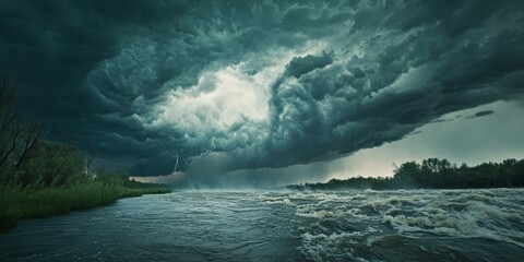 Intense thunderstorm over a river showcases the power of nature, creating dramatic scenes with fierce winds and heavy rain near the water. Thunderstorm imagery captivates viewers with its dynamic