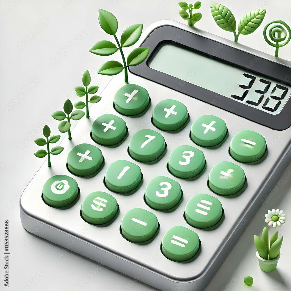 Poster 3d close up of a calculator with green buttons and plant icons and copy space concept as a macro ima