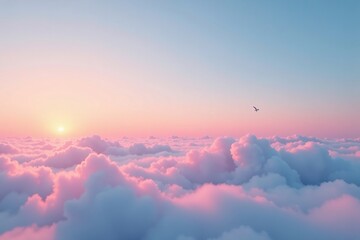 Pastel pink sky with high-level clouds and a few wisps of fog, soft focus, gentle hues