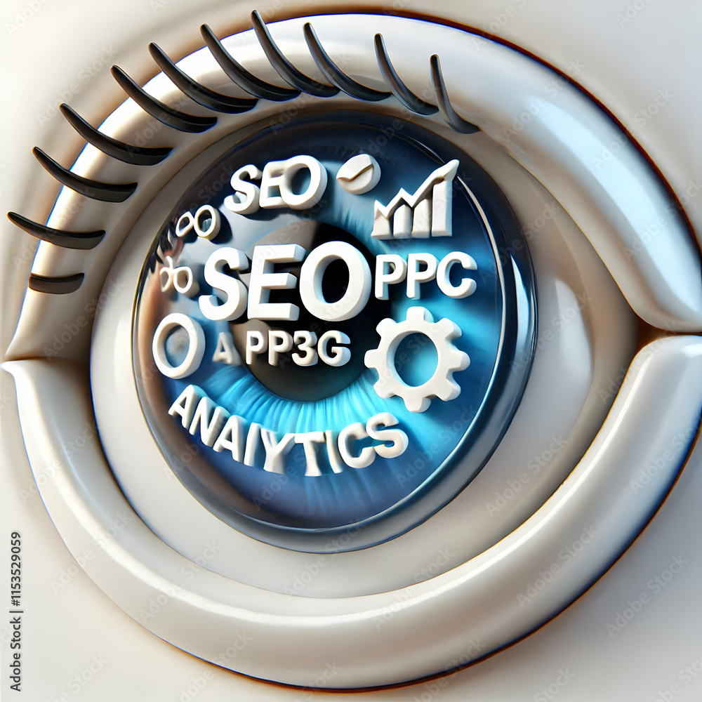 Poster 3d macro eye close up reflecting digital marketing keywords seo ppc analytics with copy space for br