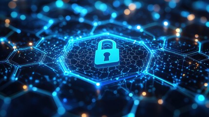 Abstract Digital Security Concept with Blue Lock Icon Surrounded by Hexagonal Network Structure and Glowing Particles Representing Data Protection and Cybersecurity Technology