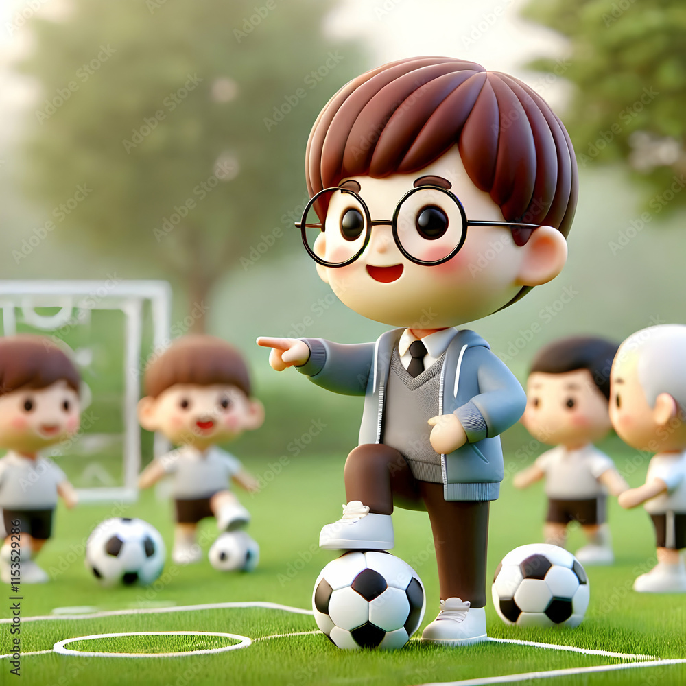 Poster 3d children coaches organizing soccer game toy in park with macro close up and copy space for text