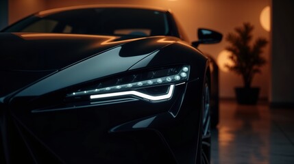 Sleek black sports car showcasing modern lighting details in a cozy indoor setting