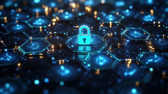 Abstract futuristic technology landscape featuring a glowing lock symbol at the center of interconnected hexagonal structures illuminated by blue lights and digital patterns - Powered by Adobe