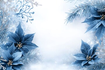 Ethereal Christmas Border Design Featuring Dreamlike Blue Poinsettias and Frosty Elements for a Beautiful Holiday Presentation