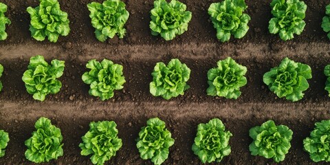 Aerial view showcasing freshly planted lettuce seedlings in vibrant green rows, highlighting the growth and cultivation of healthy, fresh lettuce seedlings for sustainable farming practices.